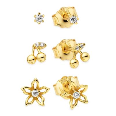 Ohrstecker-Set FIRETTI "Schmuck, Geschenk, Solitär-Optik, Kirschen-Optik, Blüten-Optik", gold (gelbgoldfarben, kristallweiß, kristallweiß), Ohrringe, Damen, Silber 925 (Sterlingsilber), mit Zirkonia (synth.) Image