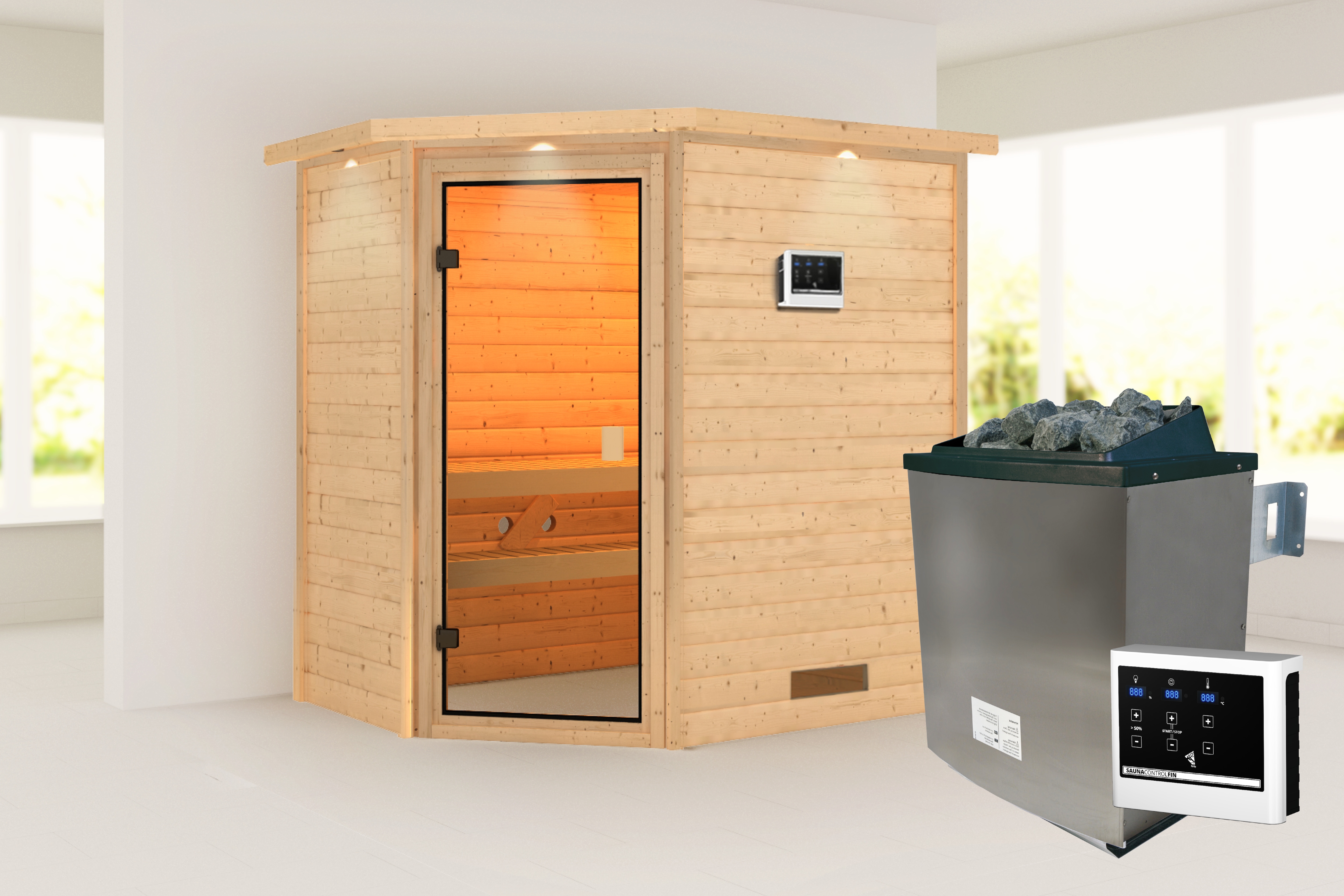 Sauna KARIBU "Juli" mit bronzierter Tür und Kranz SET, naturbelassen mit Ofen 9 kW", naturbelassen, Saunaofen, externe Steuerung, 400 kW, Saunen, aus hochwertiger nordischer Fichte Image