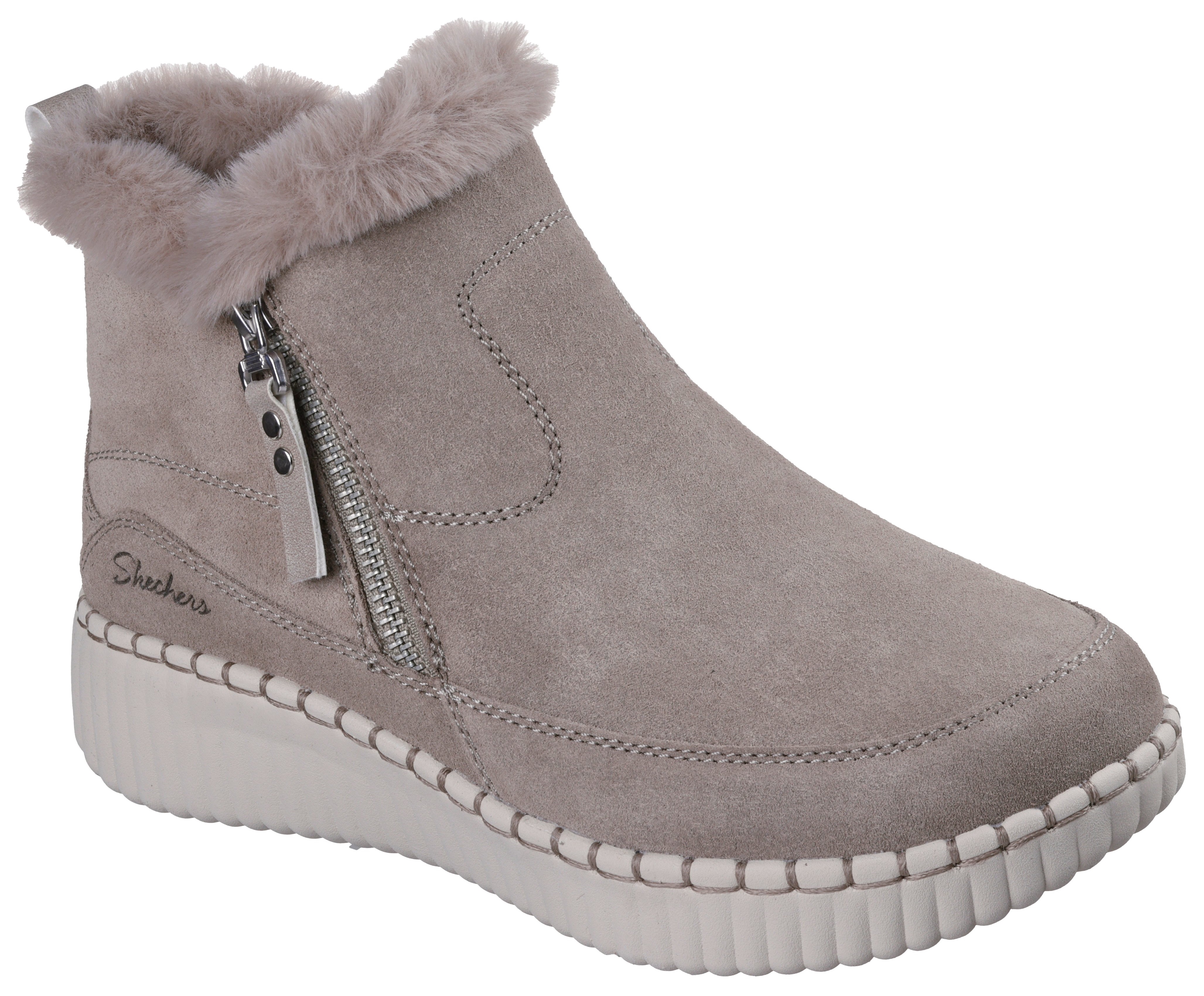 Winterboots SKECHERS "WILSHIRE BLVD-FRESH ZIP", Damen, Gr. 40, taupe, Veloursleder, Schuhe, Boots mit Reißverschluss