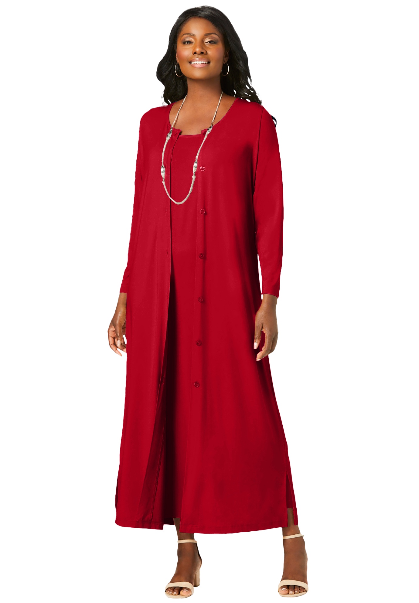 Plus Size Women's 2-Piece Stretch Knit Duster Set by The London Collection in Classic Red (Size 26/28)