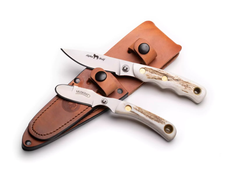 Knives of Alaska Alpha Wolf/Muskrat Combo Fixed Blade Knives 3in/2.25in Magnacut Stainless Steel Drop Point/Round Tip Blade Stag White/Brown 00375FG