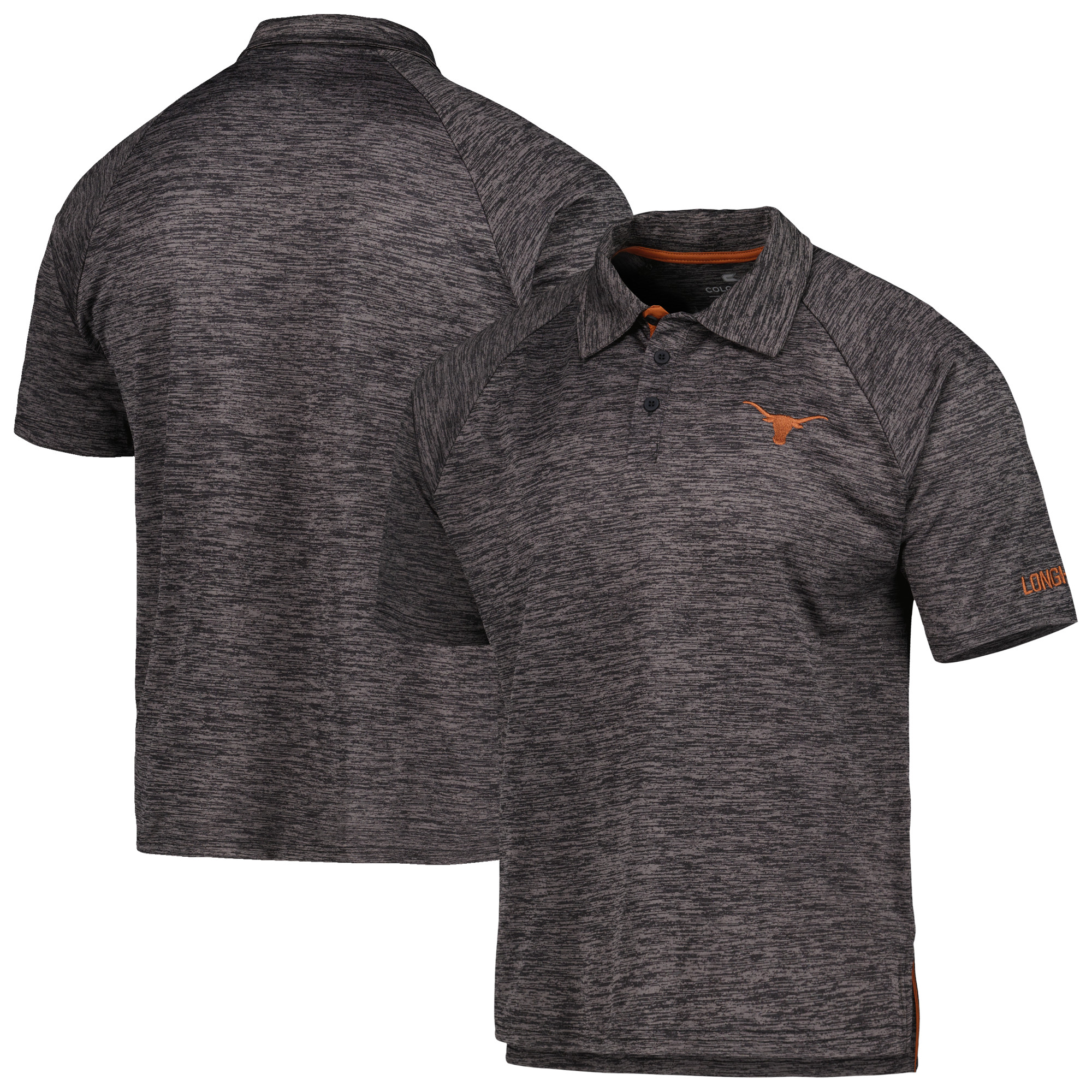 Herren Colosseum Heather Black Texas Longhorns Down Swing Raglan Polo Image