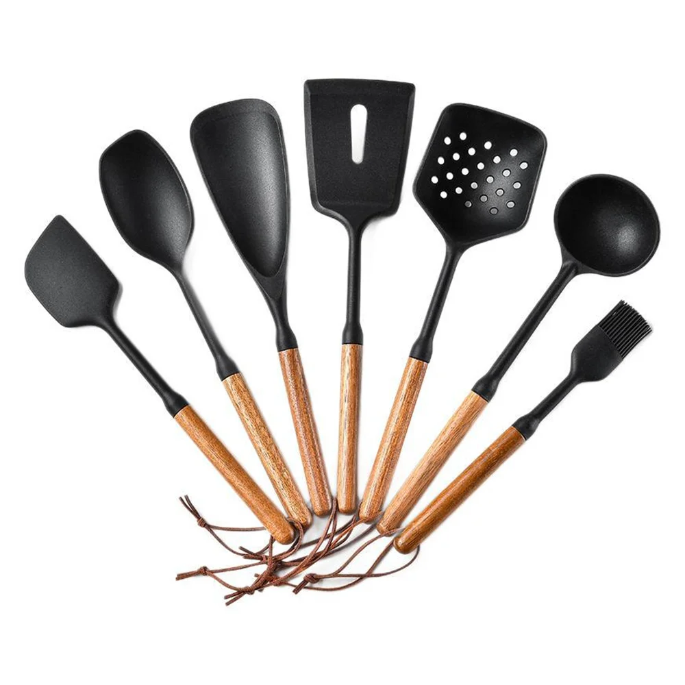 Ustensiles de cuisine antiadhésifs en Silicone, ensemble d'ustensiles de cuisine, spatule, pelle, batteurs d'œufs, manche en bois, ensemble d'outils de cuisine, nouvelle collection 2025