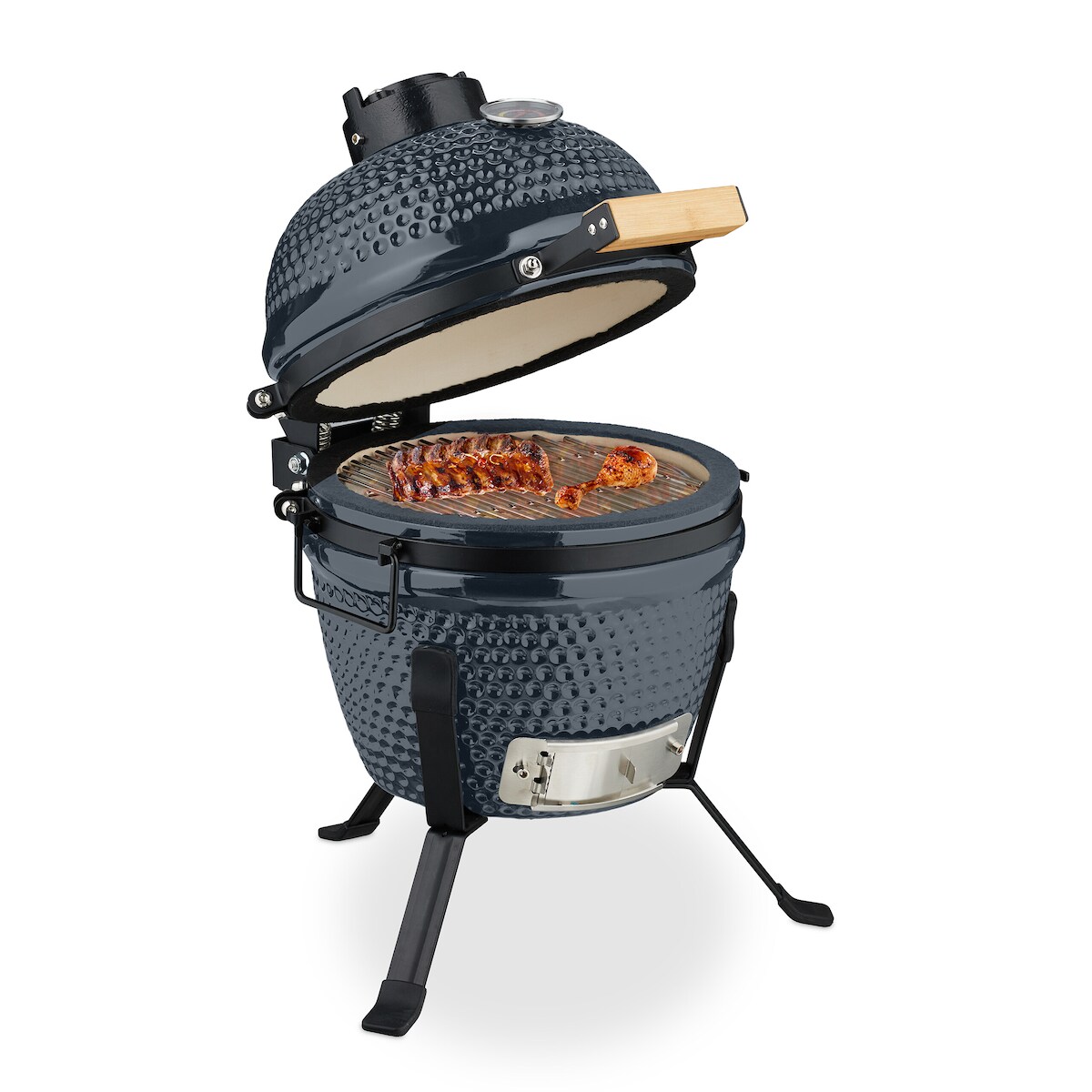Relaxdays Kamado Grill, Ø 32 cm, Keramikgrill mit Thermometer bis 450°C, BBQ, Grillen, Kochen & Backen, Smoker, grau Image
