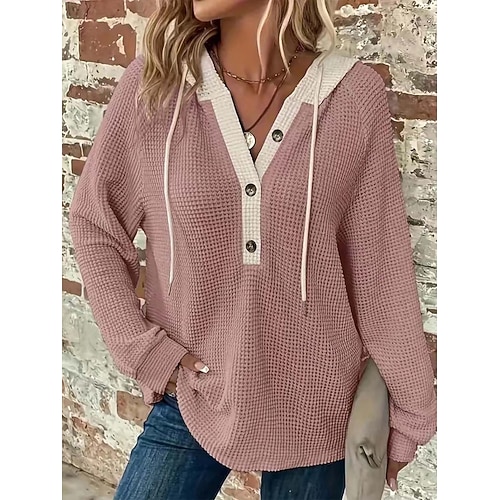 Damen Bluse Patchwork Knöpfe Einfarbig Stilvoll Lässig Langarm Mit Kapuze Normale Oberteile Täglich Schwarz Weiß Rosa Grau Frühling Herbst Winter Image