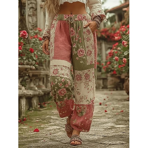 Damen Weites Bein Hosen Hose Mode Streetwear Volle Länge Mittlere Taille Blumen Tasche Elastischer Bund Druck Bequem Atmungsaktivität Mikroelastisch Täglich Outdoor Alltagskleidung Rosa Frühling Image