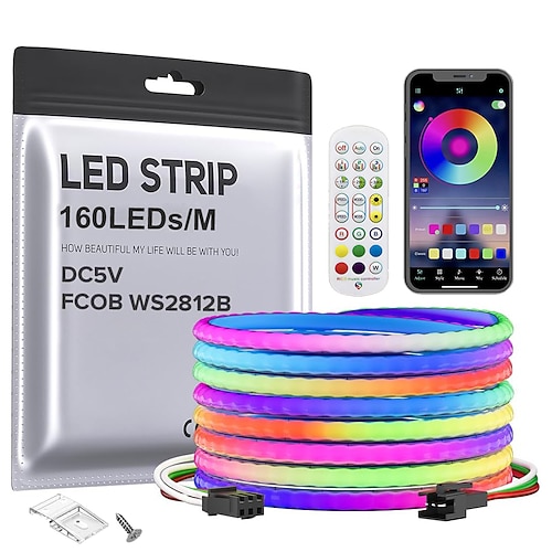 5 V, 5 mm Breite, 1–5 m, COB WS2812B IC, RGB, 160 LEDs/m, LED-Streifen, individuell adressierbar, flexibel, hohe Dichte, gleichmäßiges Licht, Traum-Farbjagd Image