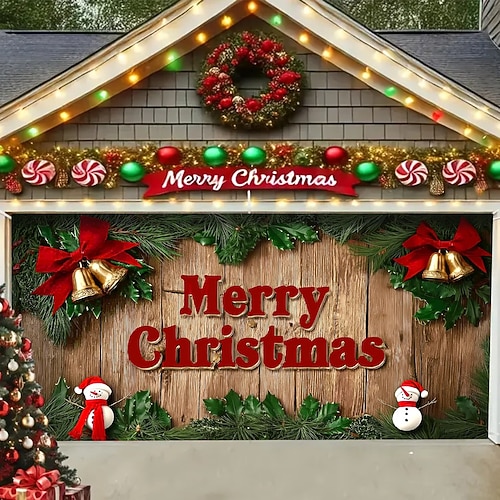 Weihnachts-Garagentorabdeckung für den Außenbereich, Frohe Weihnachten, Kranz, großer Wandteppich, Hintergrund, Feiertagsparty, Wanddekoration für Garagentor im Freien, Heimdekoration für Image