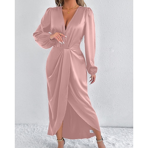 Damen Midikleid Satinkleid Partykleid Cocktailkleid Elegant Mode Modern Abendgesellschaft Party Normale Passform Einfach Langarm V Ausschnitt Rosa Armeegrün Dunkelgrün Braun Sommer Herbst Winter Image