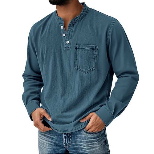Herren Vintage Henley Hemd Hemd aus 100 % Baumwolle in Säurewaschung T-Shirt Langarm Retro Vintage Lässig Lässig Frühling Herbst Ganzjahres Blau Schwarz Rosa Violett Braun Henley Henley T-Shirt Image