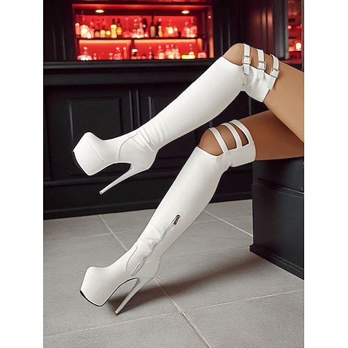 Weiße Plateau-Overknee-Stiefel für Damen mit Schnallenriemen – sexy Stiletto-Absätze für das Nachtleben, Clubwear Party-Outfits Image