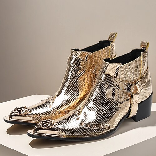 Hochwertige Chelsea-Stiefel aus Rindsleder mit goldener Krokodilprägung für Herren, modische Motorradstiefel für den Biker-Stil, Konzerte, das Nachtleben und besondere Anlässe Image