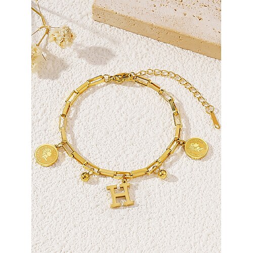 Vergoldetes Alphabet-Buchstabenarmband für Damen mit Münz- und Kugelanhängern, verstellbare Kette, stilvolles Weihnachtsgeschenk für sie, personalisiertes Schmuckaccessoire Image