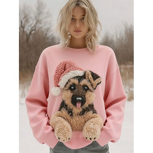 Weihnachts Frauen Pullover Grafik Tier Warm Klassisch Lässig Langarm Rundhalsausschnitt Reguläre Tops Zuhause Street Alltag Druck Schwarz Pink Khaki Beige Herbst Winter