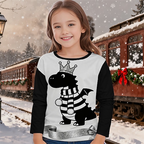 Weihnachten Mädchen 3D Dinosaurier T-Shirt Langarm Frühling Herbst Mode Basic Kinder 4-12 Jahre Rundhalsausschnitt Outdoor Lässig Täglich Normale Passform Image