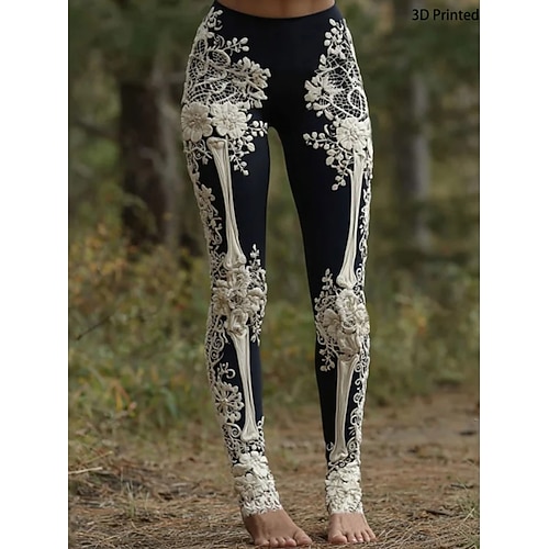 Damen Leggings Urlaub Vintage Mode Volle Länge Hohe Taille Grafik Schädel Drucken Weich Atmungsaktiv Dehnbar Täglich Urlaub Formell Weiß / Rosa Schwarz Rosa Orange Frühling Herbst Winter Schmale Image