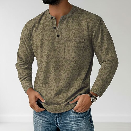 Herren Paisley-Muster Henley Hemd T-Shirt Langarm Retro Vintage Lässig Lässig Frühling Herbst Ganzjahres Blau Grün Violett Khaki Henley Henley T-Shirt Image