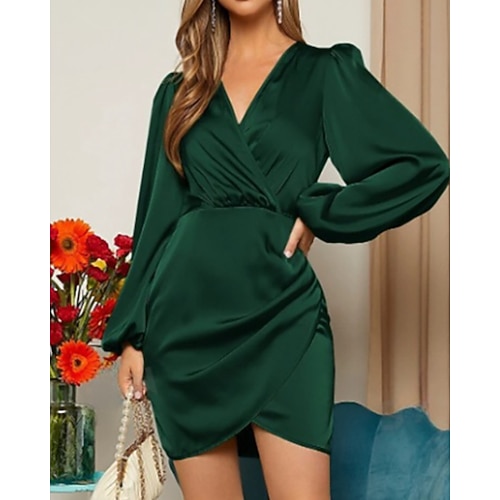 Damen Minikleid Satinkleid Partykleid Cocktailkleid Wickelkleid Mode Modern Abendgesellschaft Party Cocktailparty Normale Passform Einfach Langarm V Ausschnitt Schwarz Rosa Königsblau Dunkelgrün Image