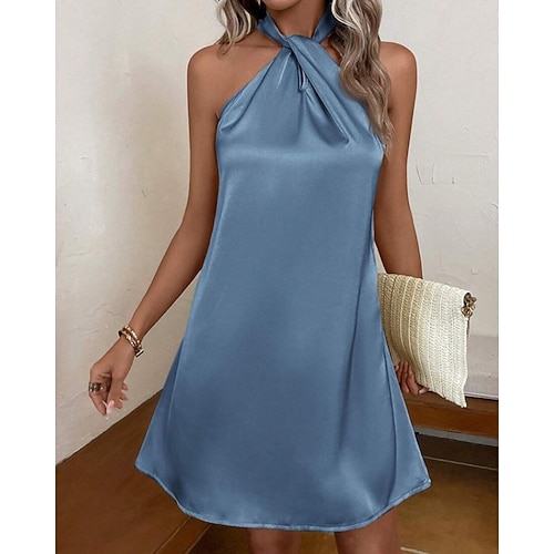 Damen Minikleid Satinkleid Partykleid Neckholder-Kleid Elegant Modern Abendgesellschaft Party Cocktailparty Normale Passform Einfach Ärmellos Neckholder Blau Champagner Grün Frühling Herbst Image