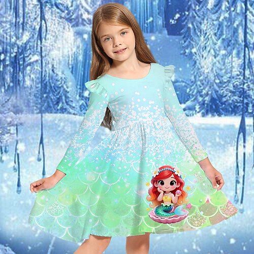 Mädchen' 3D Cartoon Meerjungfrau Kleid Rüschenkleid Langarm Sommer Frühling Urlaub Täglich Ferien Prinzessin Schön Süß Kinder 4-12 Jahre Freizeitkleid A Linie Kleid Knielang Normale Passform Image