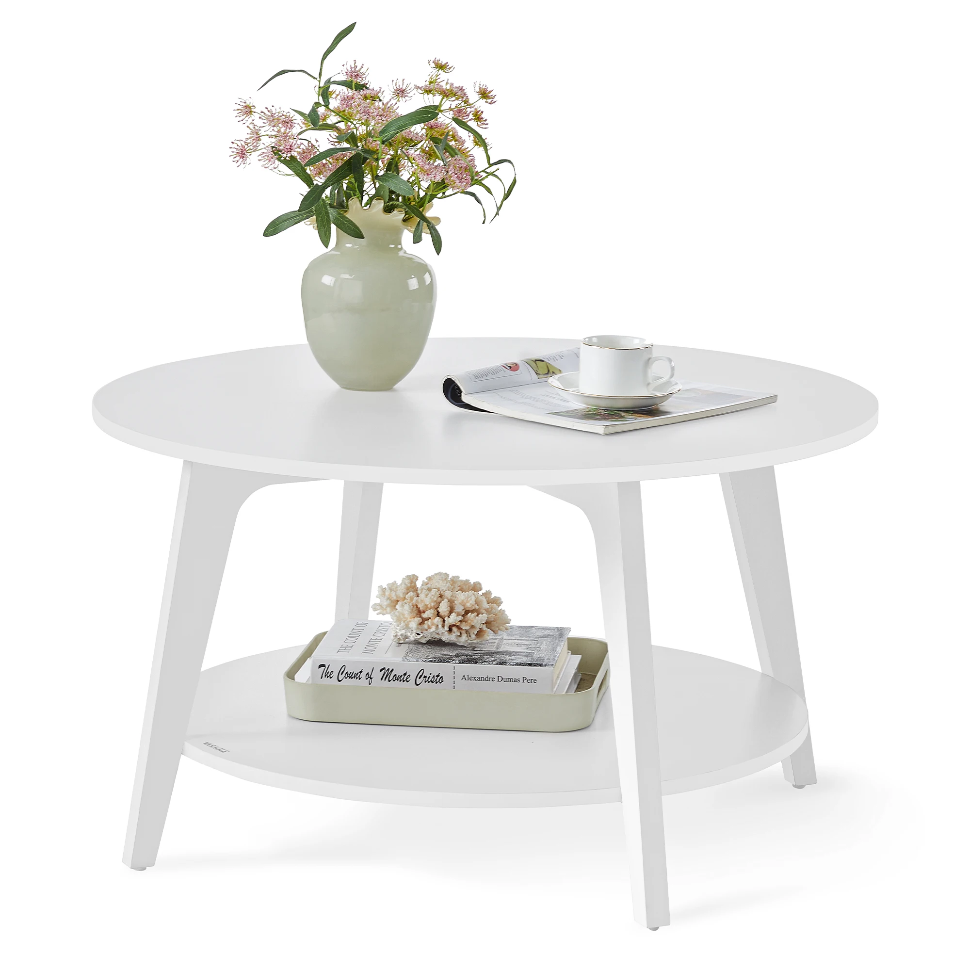 VASAGLE Couchtisch, Wohnzimmertisch 2 Ebenen, ∅80 x 45 cm, einfach zu montieren,Schneeweiß Image