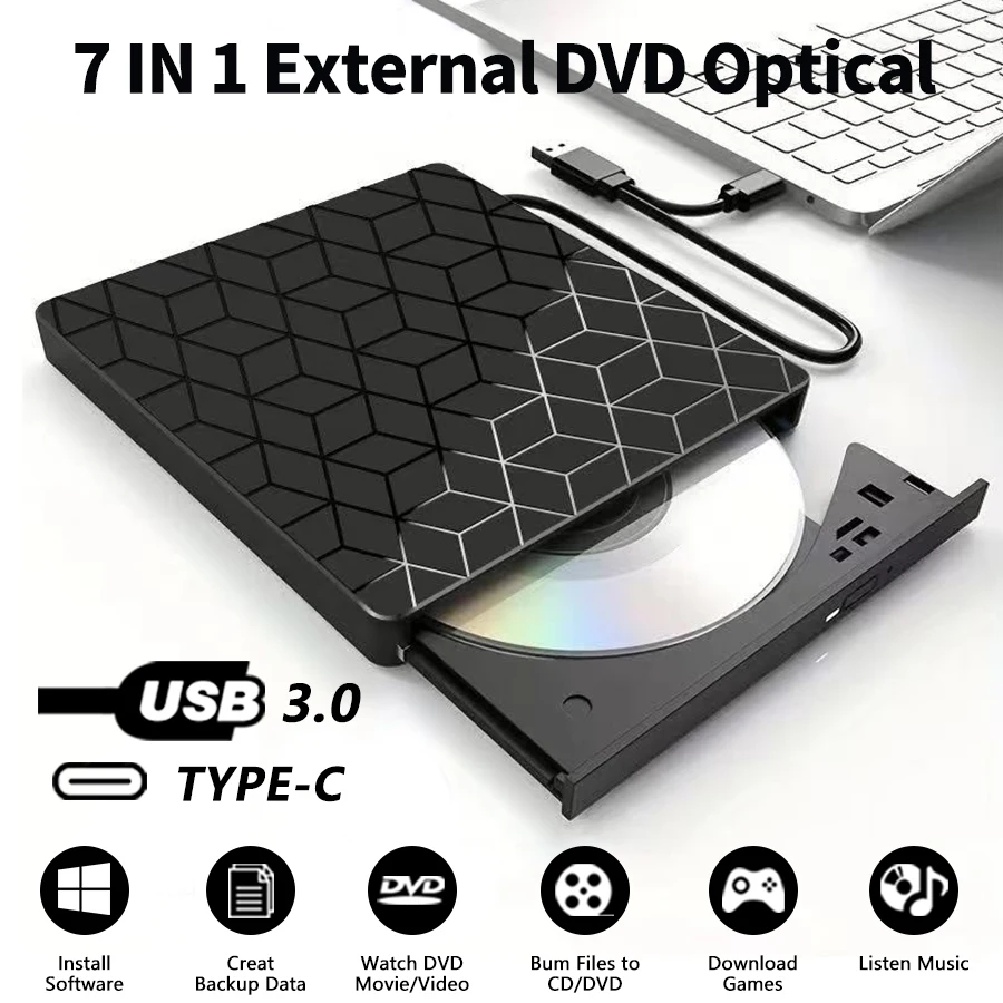 7-in-1 USB Typ C Externer DVD-Brenner CD-Player Disk Drive Reader Writer Optisches Laufwerk für Laptop Desktop-Computer Windows Linux Image