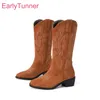 Neue Winter Bequeme Braun Schwarz Frauen Mittlere Waden Western Stiefel High Heels Dame Schuhe Plus Kleine Große Größe 33 12 43 46 48