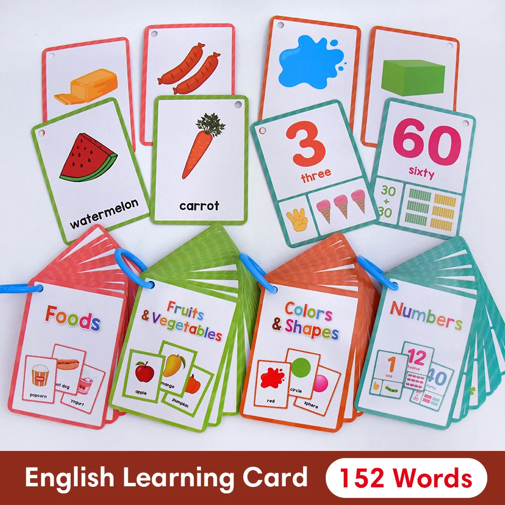 Farben und Formen, Obst- und Gemüselebensmittel, Zahlen, 4 Themen, englische Wörter, Lernkarten für Kinder, Gedächtnis, pädagogische Lernkarten Image
