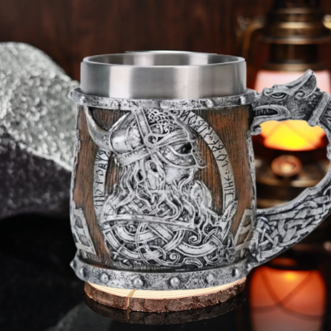 450 ml Wikinger Edelstahl Bierkrug Valhalla Nordisches Fass Drachenboot Krieger Horn Schädel Tankard Stein Tasse Harz Mann Glas Image