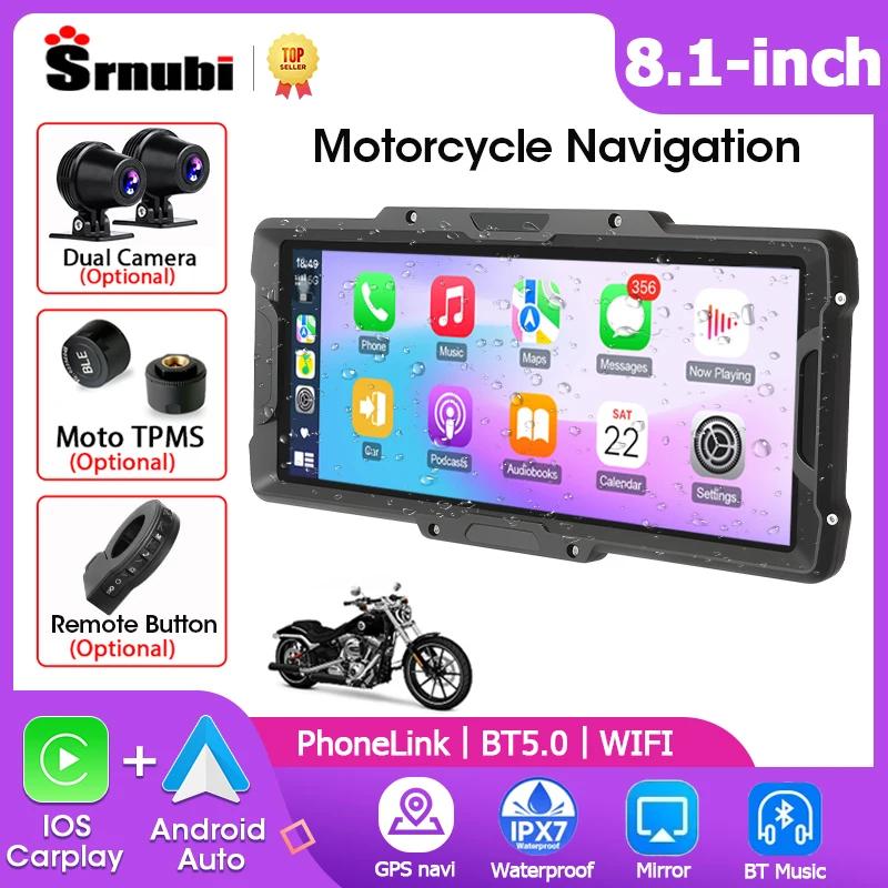 Srnubi 8,1" Motorrad-DVR oder Player 2K Vorder- und Rückkamera Navigation GPS Carplay Android Auto Moto Monitor mit TPMS-Sensor Image