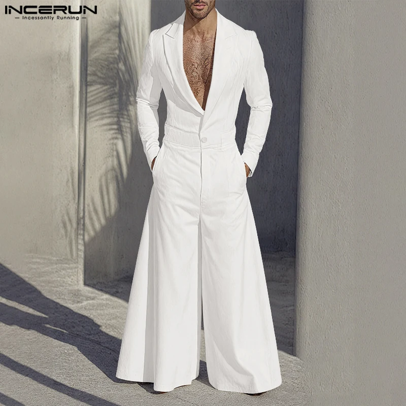 INCERUN Männer Overalls Einfarbig Revers Lange Hülse Eine Taste Männliche Strampler Streetwear Lose Mode Lässig Elegante Overalls Männer Image