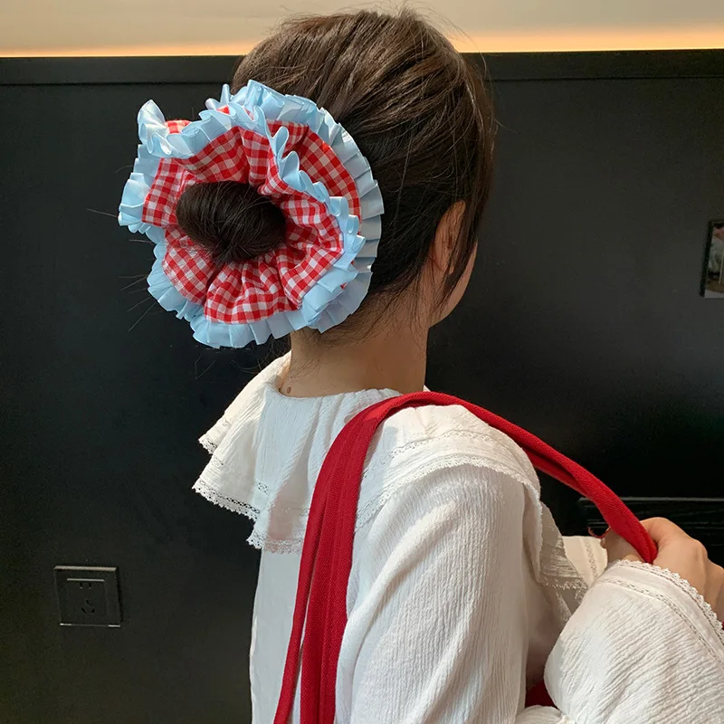 Niedliche Haargummis für Damen, koreanische Version, blauer Haargummi, süßer Stil, rot kariert, Dickdarm-Haargummis, doppellagige Spitzen-Brötchen Image