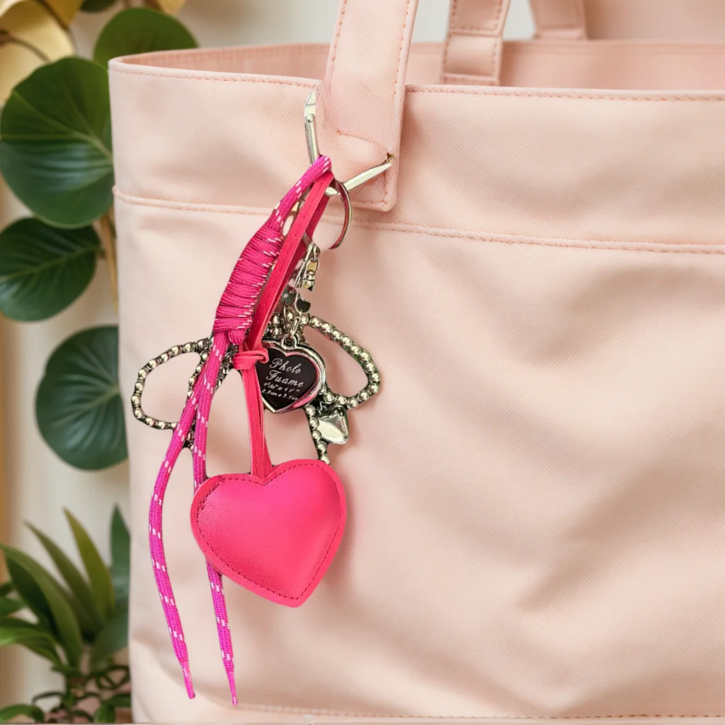 Heißer rosa trendiger Leder-Schlüsselanhänger mit Herz-Schleife, für Autoschlüssel, Taschenanhänger, Geldbörsen-Zubehör, Dekoration für Frauen und Mädchen, Geschenk Image