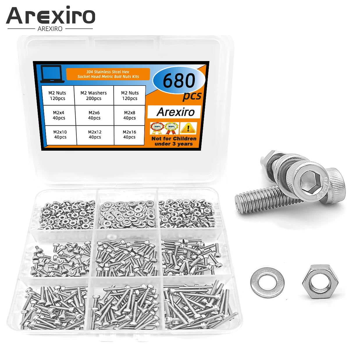 680-teiliges M2-Schrauben-Kombi-Set, Muttern, Bolzen, M2 x 4–16 mm, metrisches Maschinenschrauben-Set, 304 Edelstahl, Sechskantschrauben, Muttern, Schrauben, Unterlegscheiben-Set Image