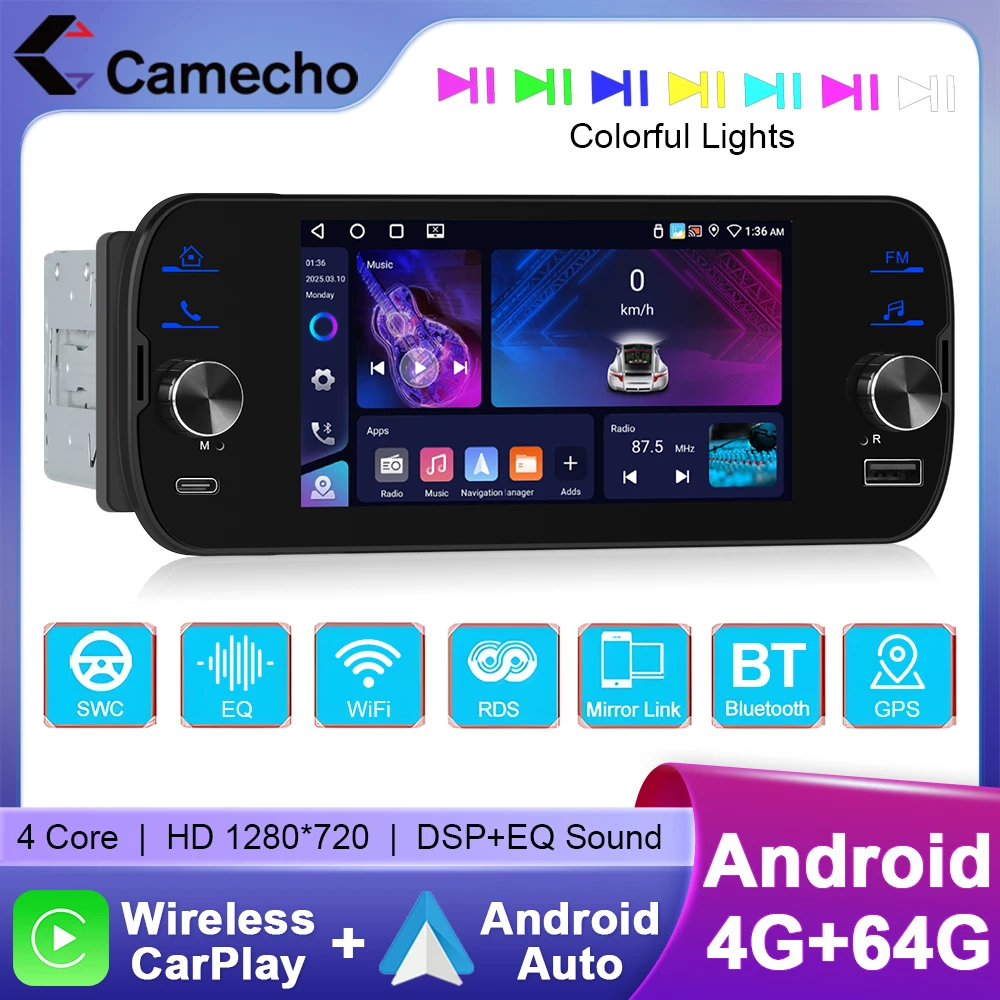 Camecho 4G + 64G Android Auto Radio 1 Din Multimedia Player 5 "2,5 D IPS Bildschirm GPS Stereo drahtlose Carplay Android Auto Wifi RDS Image
