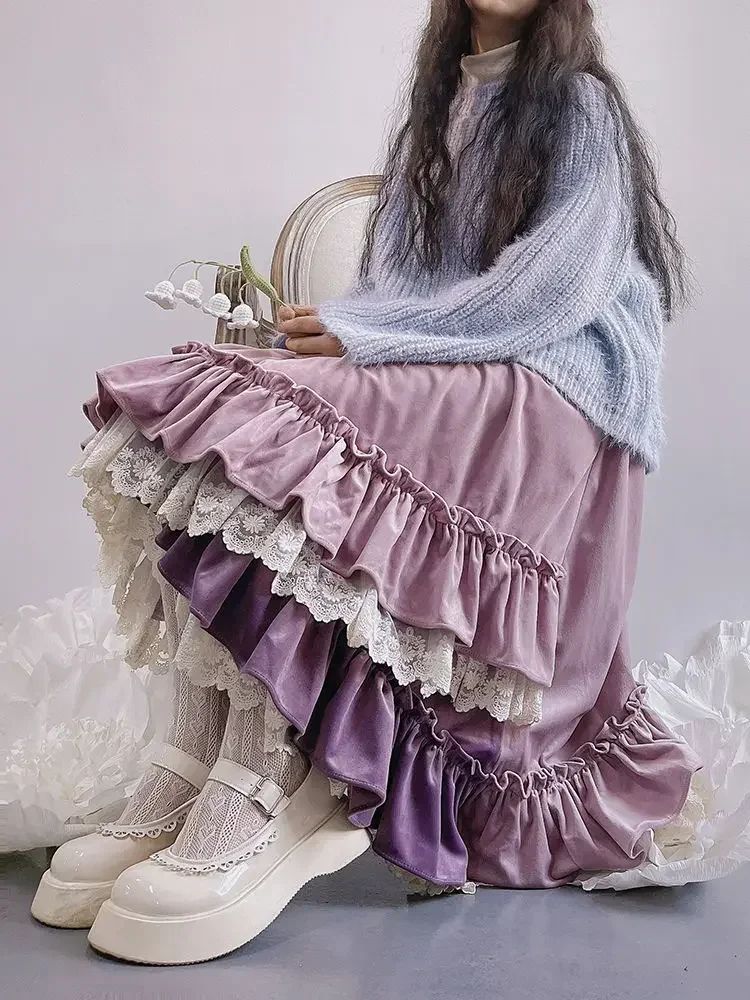 Vintage Mori Mädchen Spitze Patchwork Rüschen Frauen Samt Röcke Hohe Taille A-linie Unregelmäßigen Großen Saum Dicken Lolita Langen Rock Mädchen