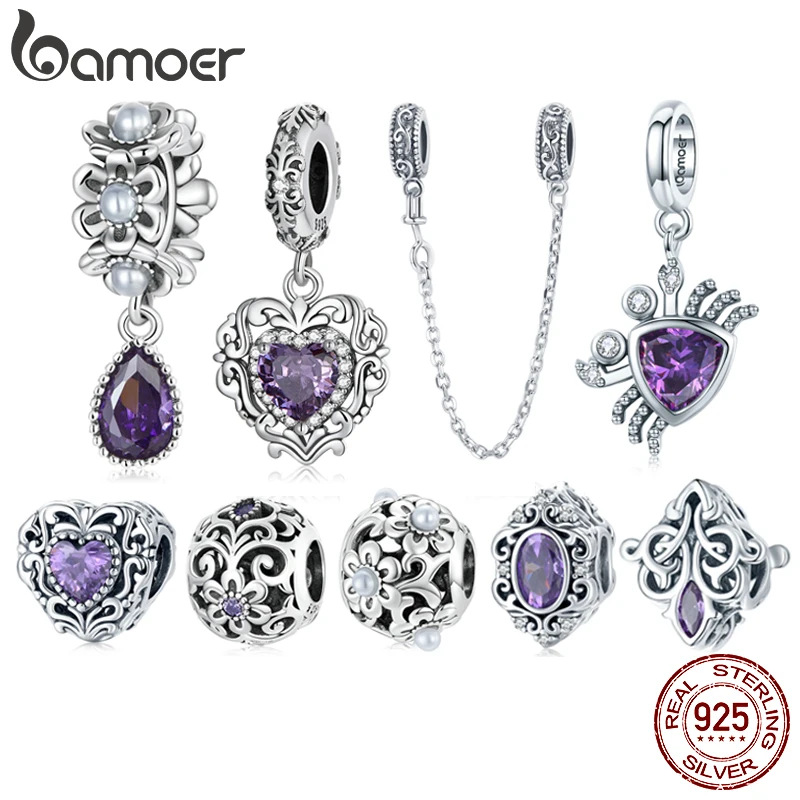 BAMOER Charms aus 925er-Sterlingsilber, lila glänzender Stein, Liebes-Tropfen-Anhänger, passend für Charm-Armbänder, Perlen mit Vintage-Muster