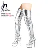Silbrig Oberschenkel Hohe Stiefel Sexy Overknee Stiefel Für Pole Dance Gürtel Schnalle Mode Frauen Schuhe 15CM Stiletto Heels Botas Mujer