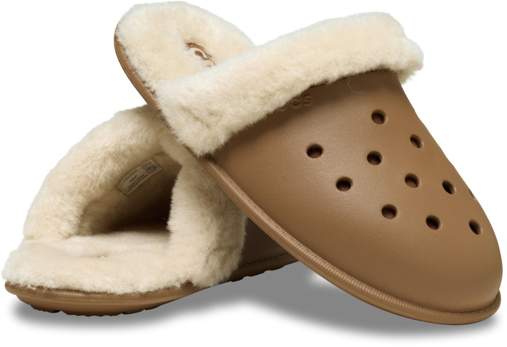 Pantoffel CROCS "Classic Fuzz Scuff", Herren, Gr. 43, braun, Croslite™, Schuhe, Hausschuh, Clog mit Warmfutter