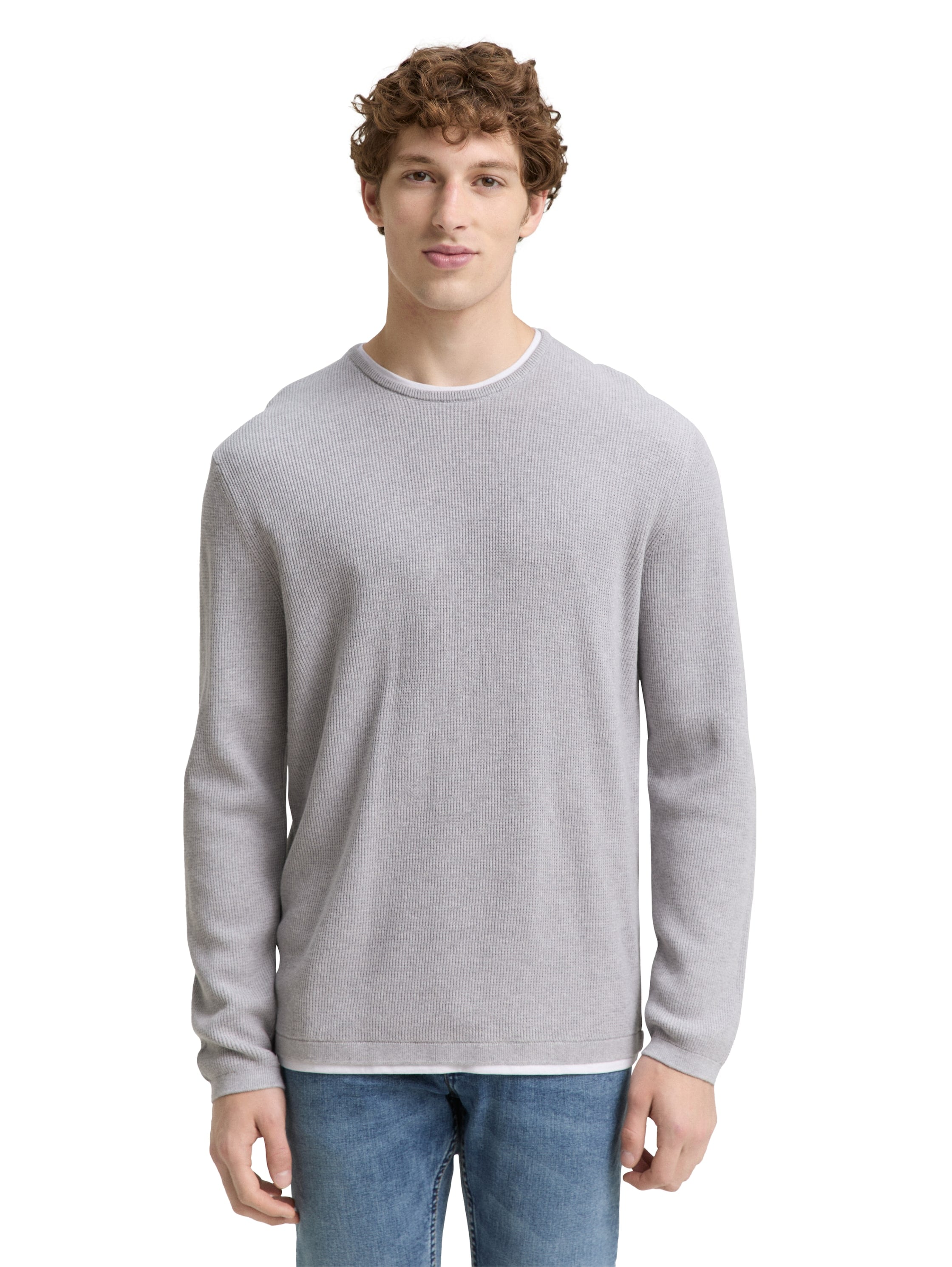 Strickpullover TOM TAILOR DENIM, Herren, Gr. M, light stone grau melange, Strick, Obermaterial: 100% Baumwolle, meliert, regular fit taillenbedeckt, Rundhals, Pullover, mit 2-in-1 Ausschnitt Image