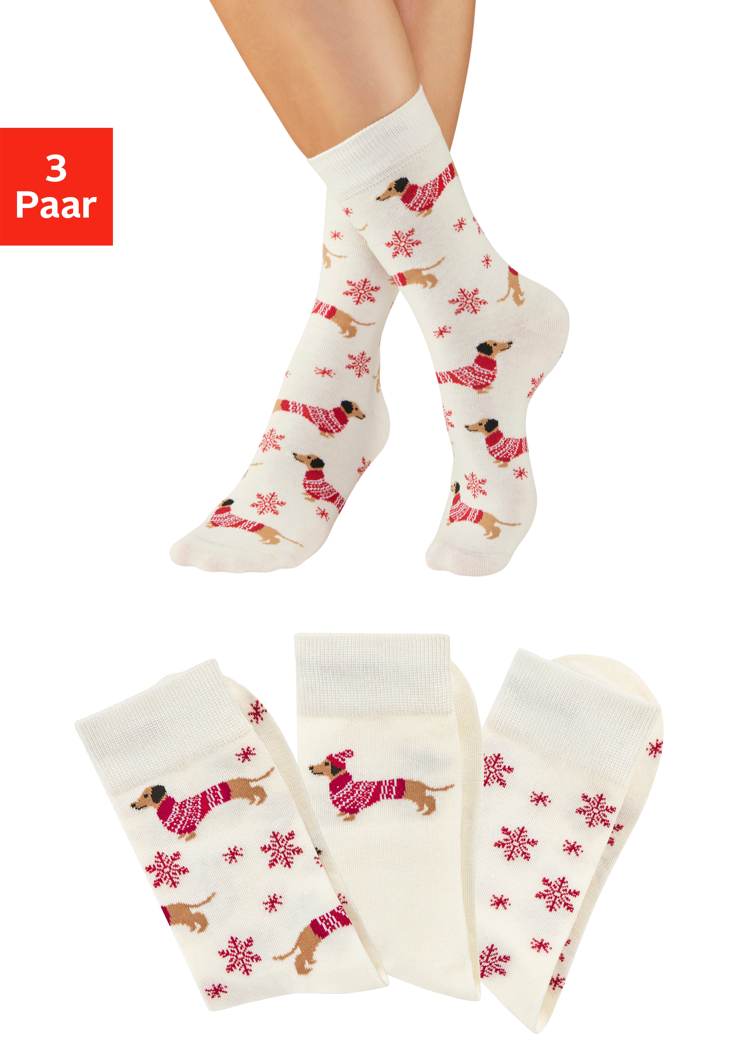 Socken LASCANA, Damen, Gr. 39-42, 3x ecru gemustert, Baumwollmischung, gemustert, elastisch, Socken, mit weihnachtlichem Dackelmotiv