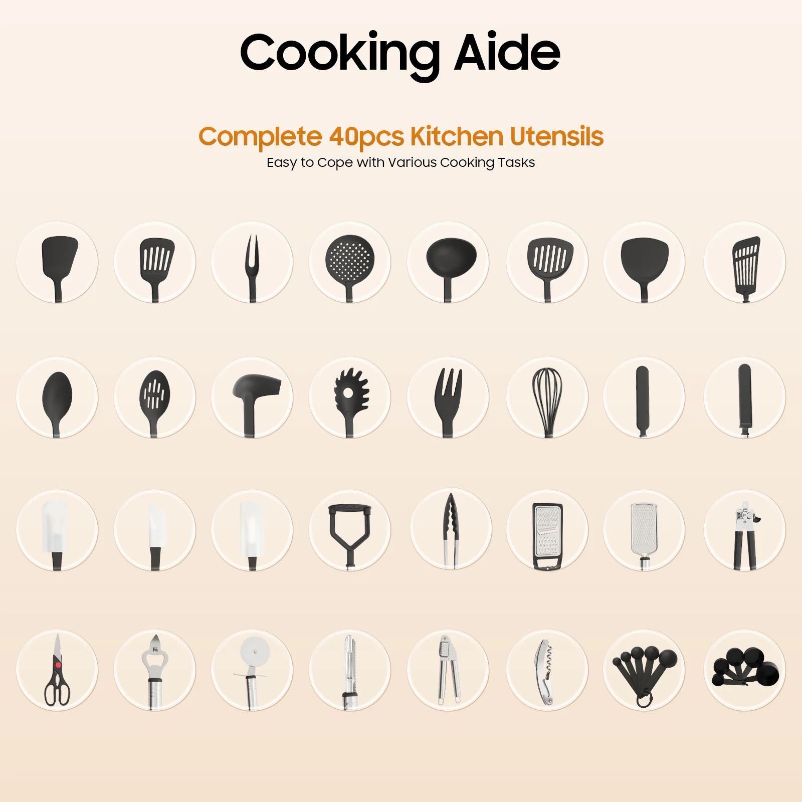 Ensemble d'aide à la cuisine 40 pièces, ustensiles de cuisine en acier inoxydable avec conception suspendue, sorties de cuisine antiadhésives pour la cuisine, la pâtisserie, l'agitation