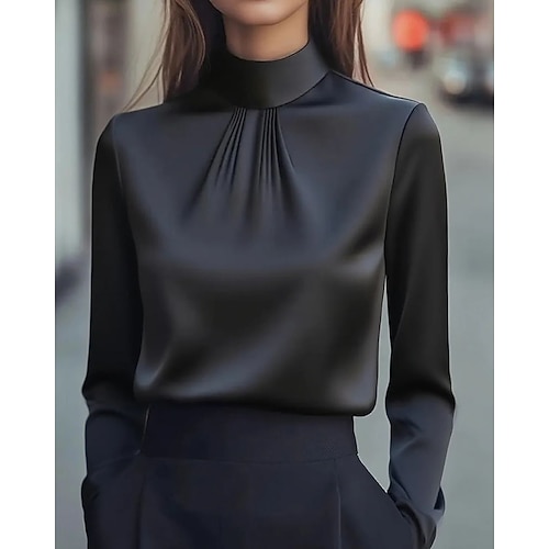 camicia da donna elegante camicetta semplice elegante alla moda manica lunga collo alto top normali lavoro vacanza per uscire arricciato nero bianco viola cachi primavera autunno