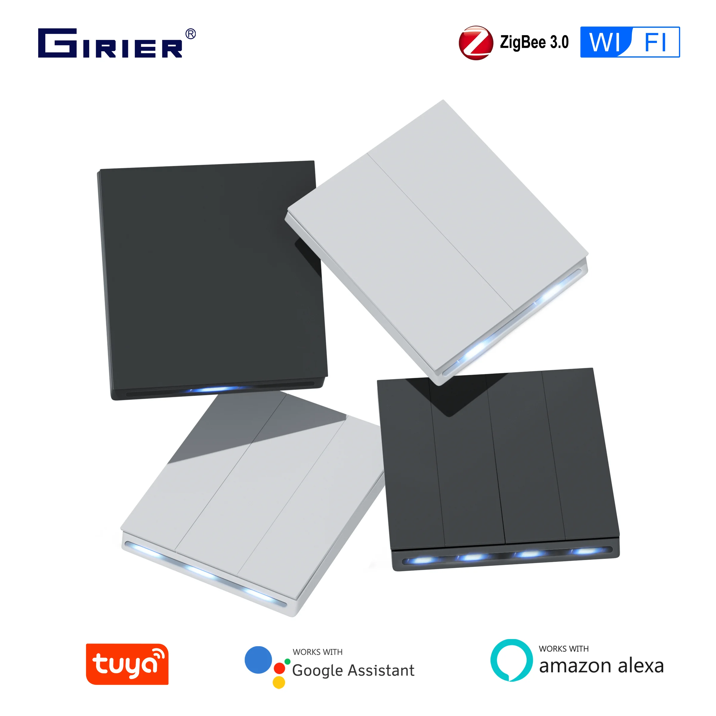 GIRIER Tuya Smart ZigBee Interruttore da parete WiFi Smart Button Interruttore della luce 1/2/3/4 Gang Nessun condensatore è necessario Funziona con Alexa Ehi Google