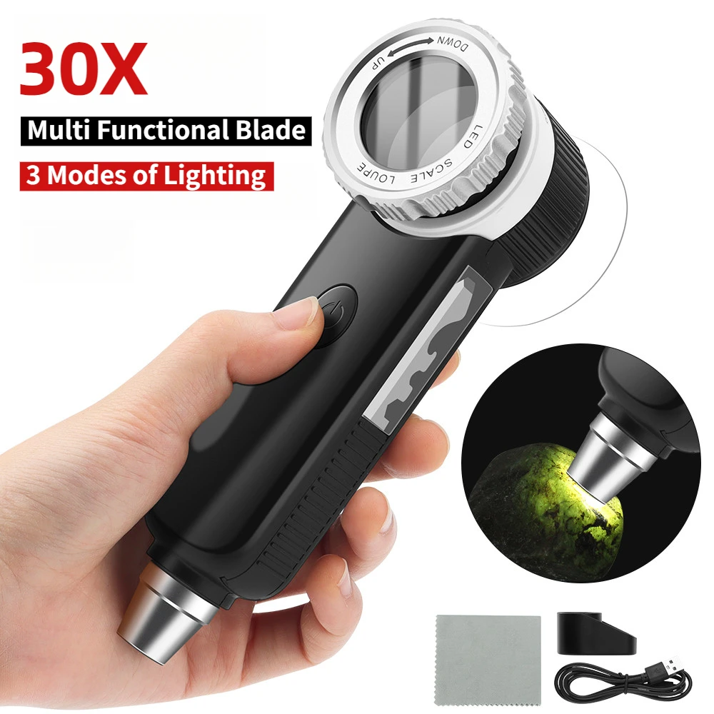 30-fache Lupe, USB wiederaufladbar, mit LED-UV-Leuchten, Handlupe mit multifunktionaler Klinge, Erkundung im Freien Image