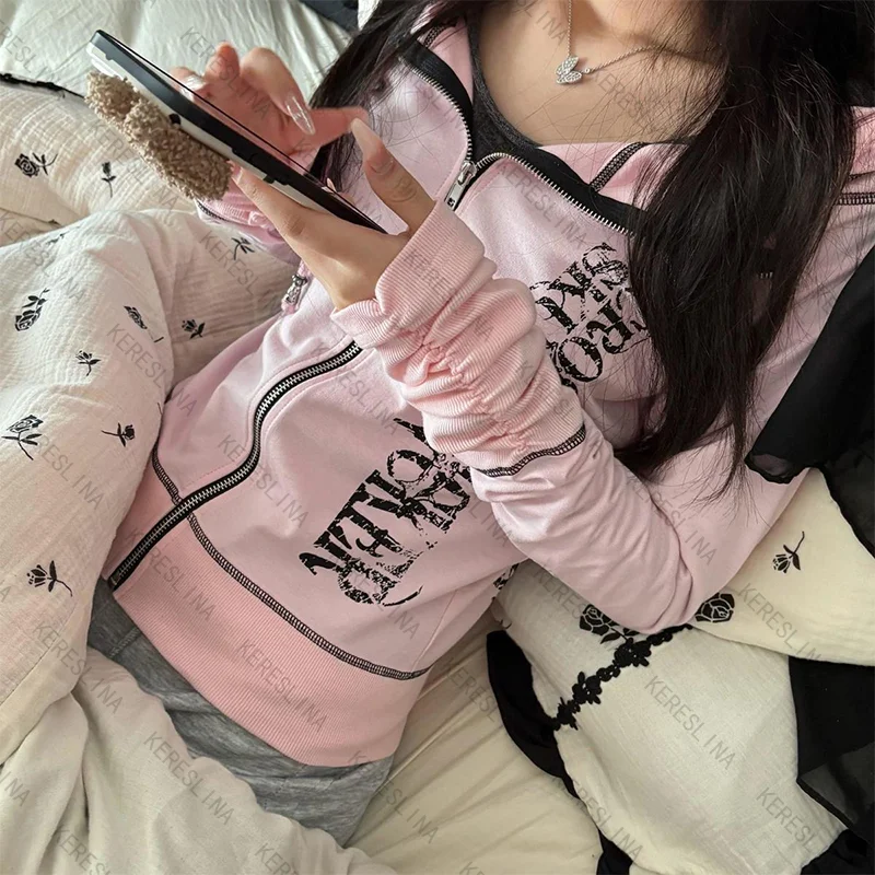 Streetwear Hip-Hop Damen Strickjacke mit Kapuze, koreanischer Stil, vielseitig, lässig, Y2K, Vintage-Chic, Punkrock, sexy Damenjacke, Emo