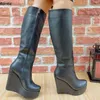 Rontic handgefertigte Damen-Winter-Kniestiefel, Unisex, seitlicher Reißverschluss, Keilabsatz, runde Zehen, elegante schwarze Freizeitschuhe, US-Größe 5–20