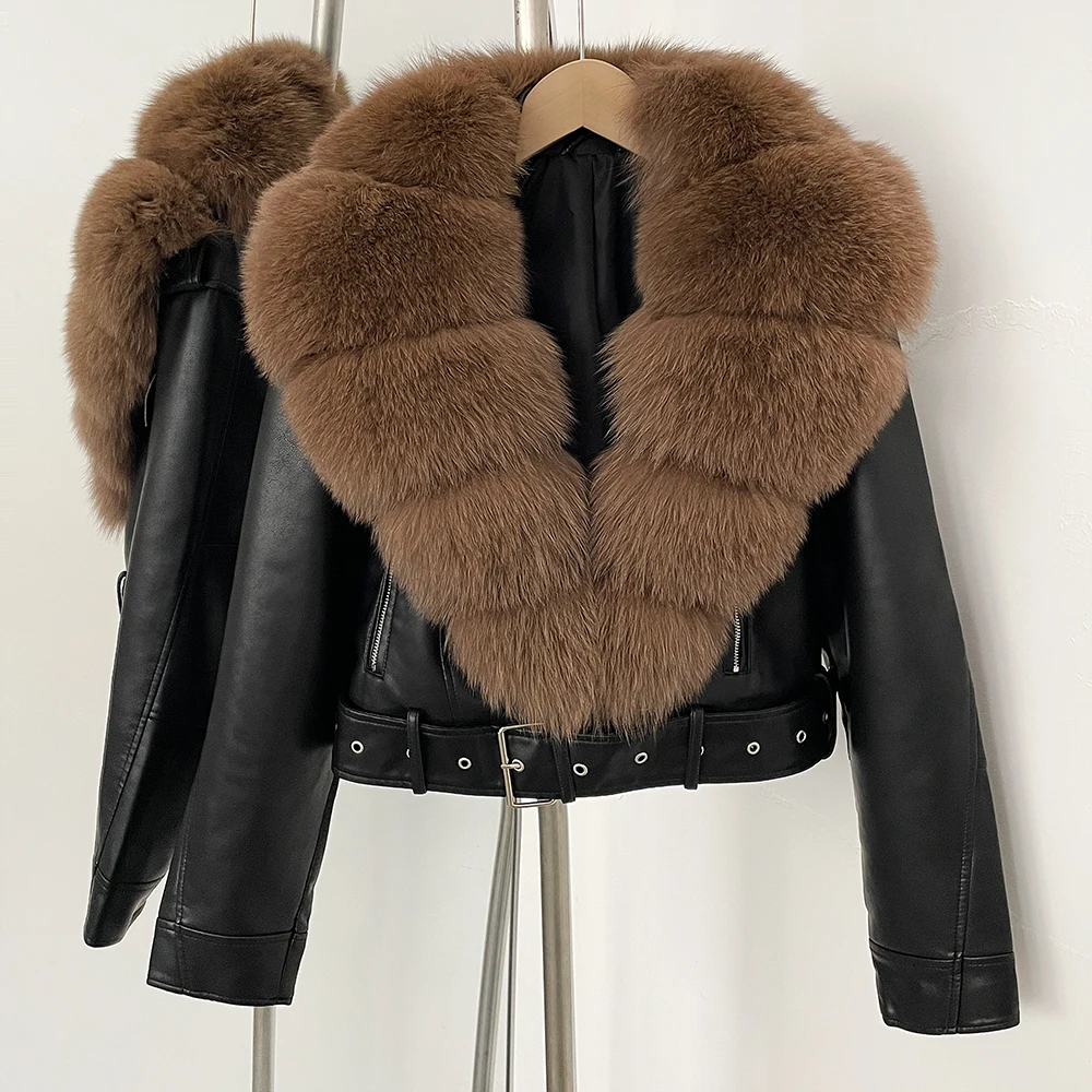 Faux PU Leder Jacke Natürliche Fuchs Pelz Weibliche Neue Herbst Kurze Top Kleidung Frauen Langarm Gefälschte Leder Mantel Echt Pelzmantel Image