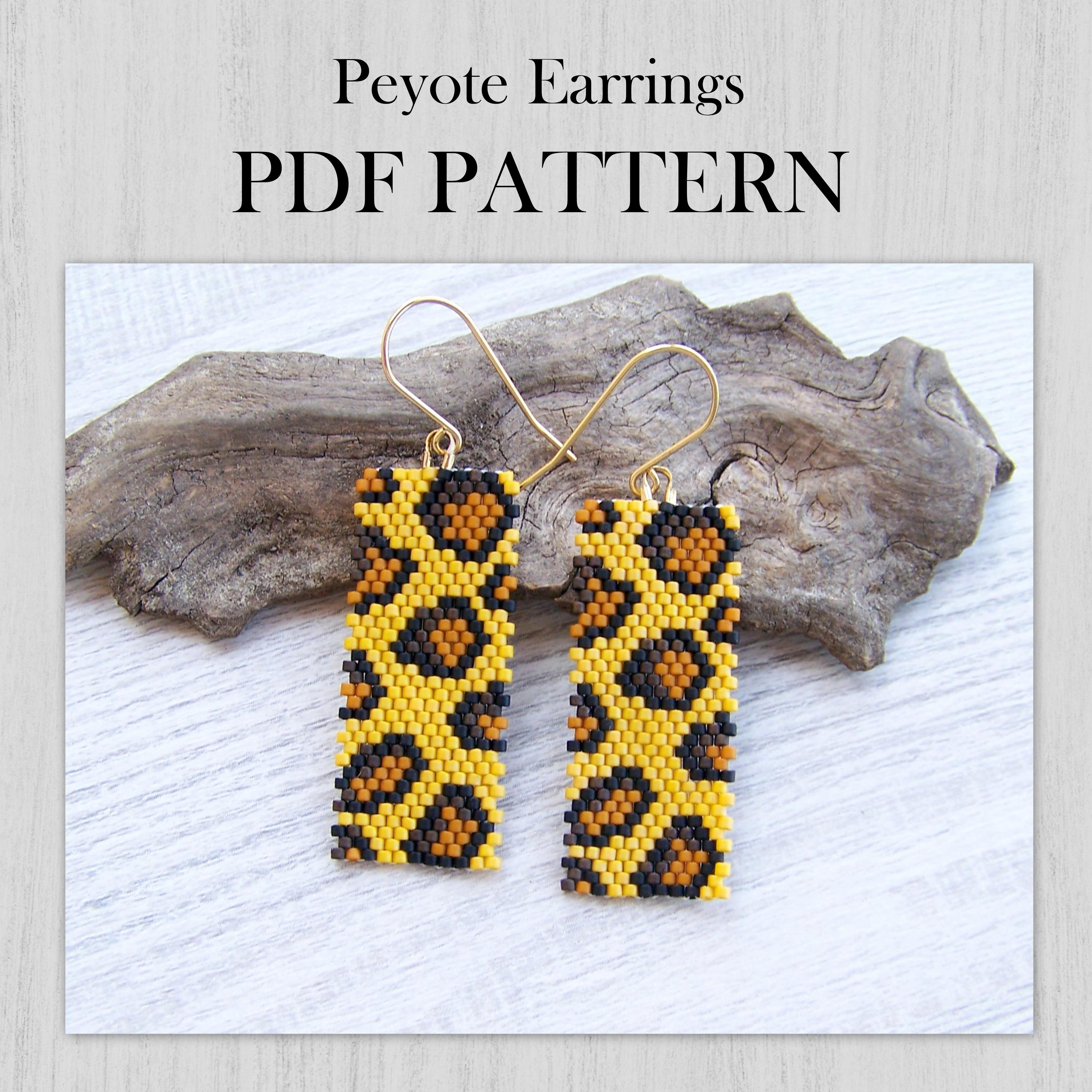 Schema PDF per orecchini con punto peyote a punto pari, schema per perline Miyuki Delica leopardo dorato, modello moderno per orecchini con motivo a g