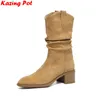 2026 Plus Größe 34-42 Kuh Wildleder High Heels Moderne Western Stiefel Casual Warme Winter Herbst Schuh Marke Plissee frauen Mid-kalb Stiefel